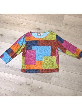 Vtg Womens Multicolor Patchwork Boho Hippie Core 3/4 Sleeve Cotton Top Sz Lg